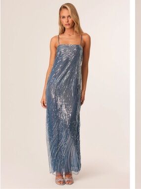 Blue Sequined Maxi Slip Dress with Spaghetti Straps